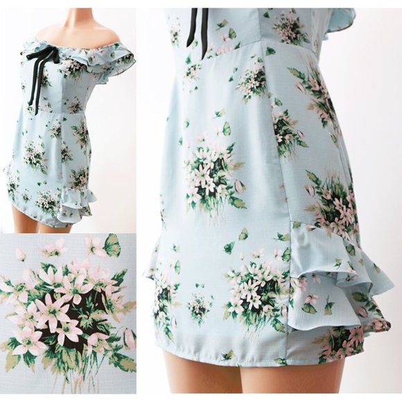 Light Blue Floral Ruffle Off Shoulder Bow Dress - Picture 7 of 9